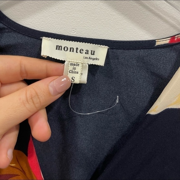 Monteau Faux Wrap Button Front Floral Dress Navy S - Picture 3 of 6